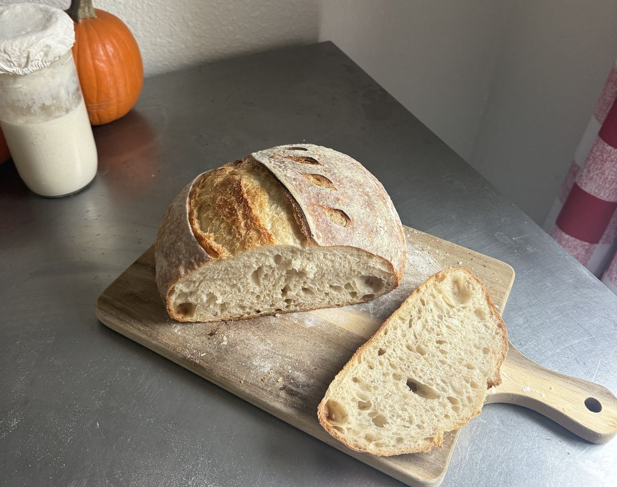 Country loaf cut in half on a wooden paddle board beside a glass jar of bubbling sourdough starter covered with a cloth lid